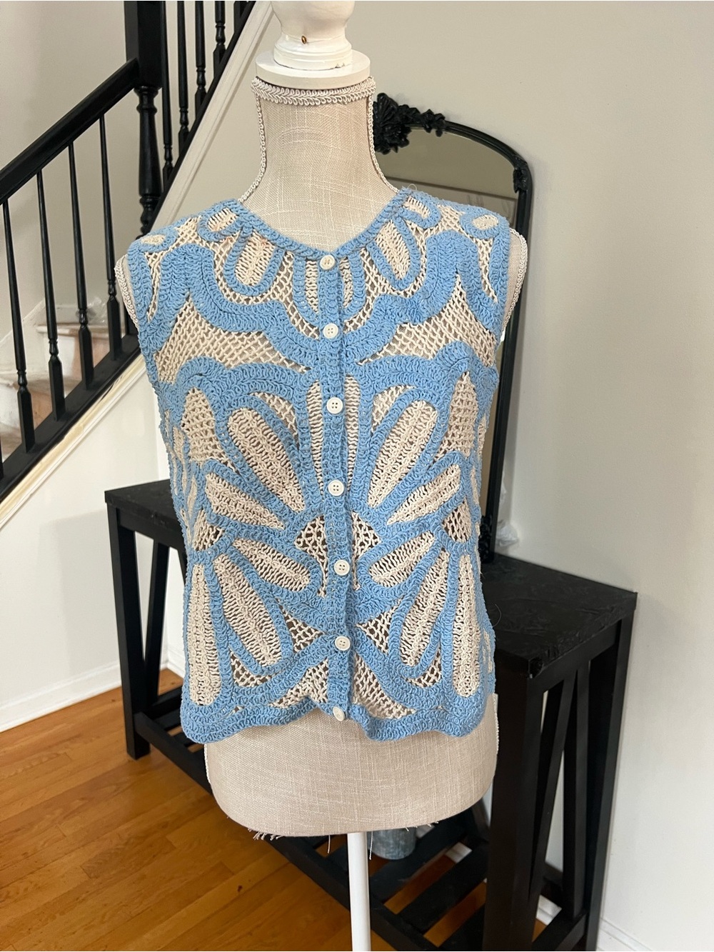 Crochet Button-Front Vest in Light Blue and Cream